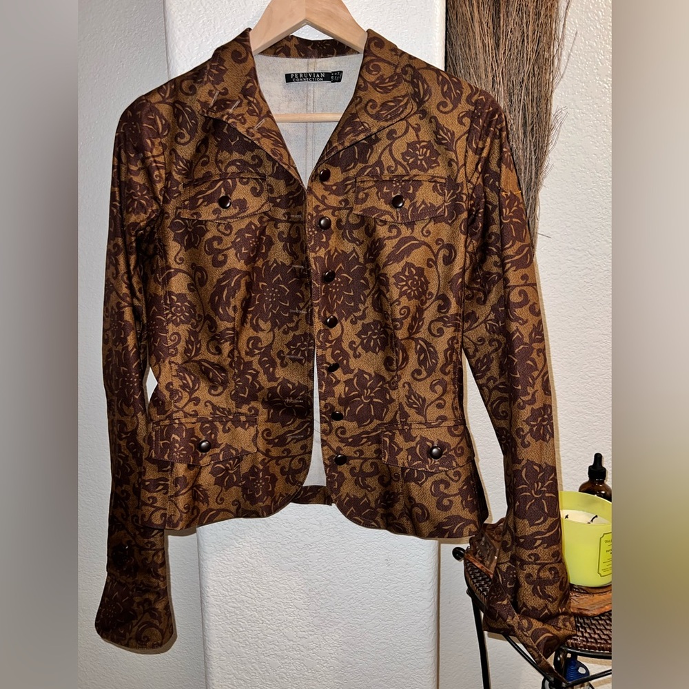 Peruvian Connection Vintage Inspired Brown Floral Jacket